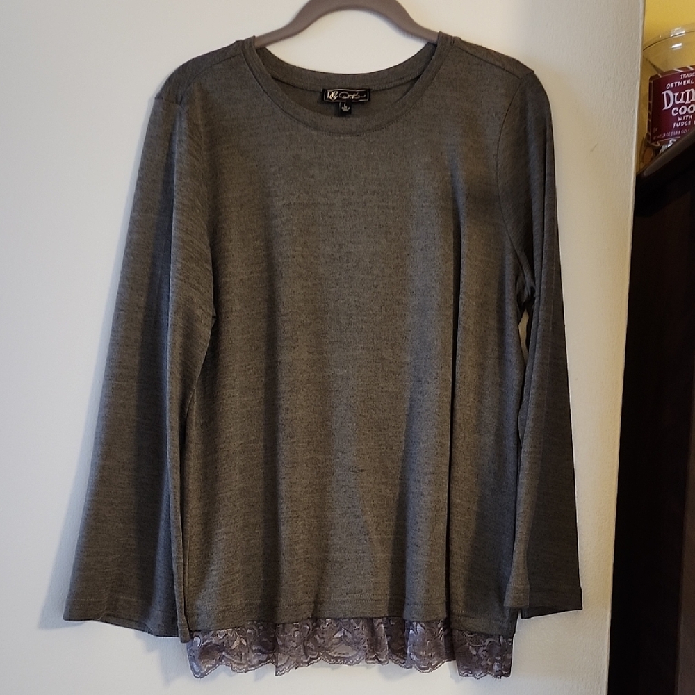 Women's Gray Long Sleeve Top with Lace Hem